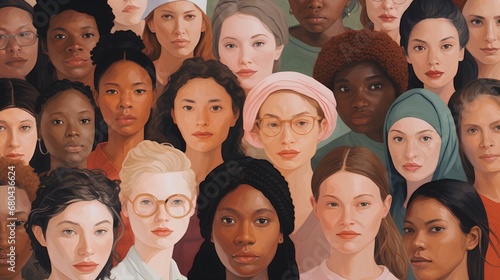 A vibrant illustration showcasing a diverse group of women from various cultural and ethnic backgrounds standing together in solidarity, symbolizing female empowerment and unity across differences. © TensorSpark