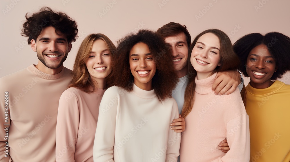 A joyful assembly of multicultural friends laughing and embracing, showcasing the beauty of diversity, unity, and strong friendship among young adults. A joyful assembly of multicultural friends laughing and embracing, showcasing the beauty of diversity, unity, and strong friendship among young adults.