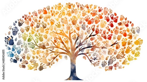 An artistic representation of a tree with branches made from a colorful mosaic of diverse human hands, symbolizing unity in diversity and individual identity. photo