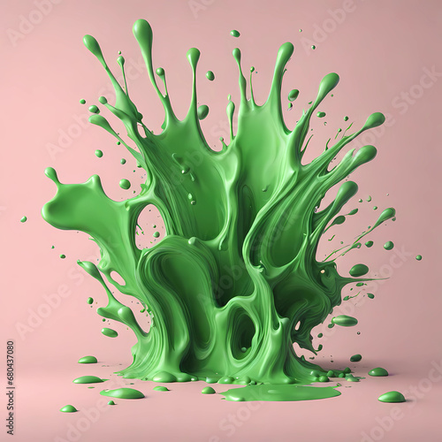 green paint splashes on pastel pink background, paint explosion, liquid paint in motion