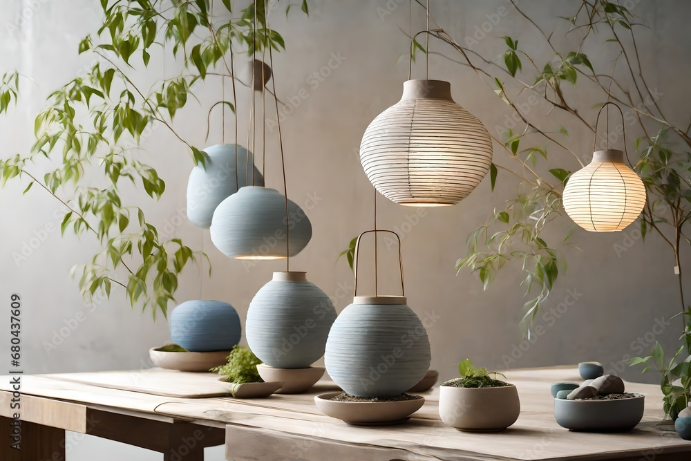 Japanese Zen Lanterns, Soft greys, bamboo greens, and tranquil blues.  - obrazy, fototapety, plakaty 