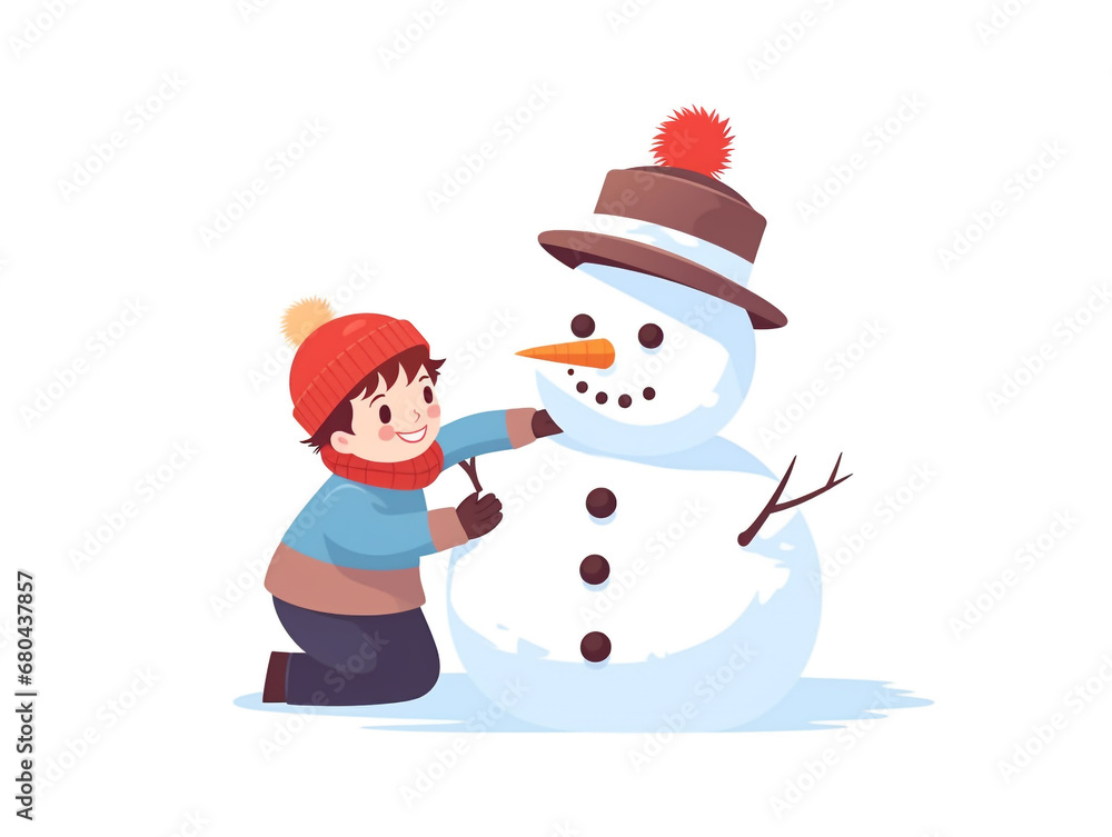 A child is building a snowman outdoors. The children looked happy. 2D flat illustration.