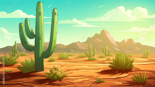 Big green, cacti in the desert. Desert landscape with canyons and mountains