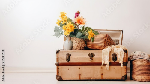 Small wooden chest with accessories and basket, floor mat, with flowers on white wall background