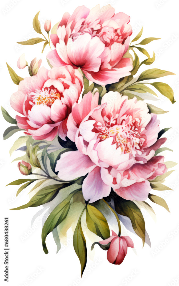 Peonies flowers beautiful delicate watercolor illustration isolated on white background