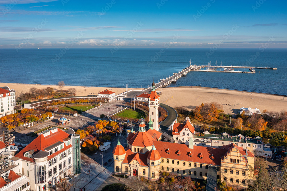 Fototapeta premium Aerial view of the Sopot city by the Baltic Sea at autumn, Poland