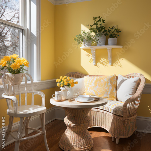  A cozy breakfast nook with sunshine yellow walls 