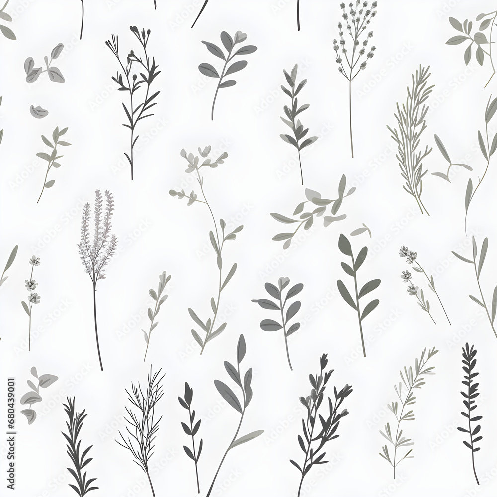A seamless pattern of delicate kitchen herbs in a minimal style