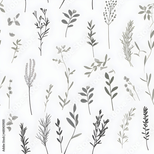 A seamless pattern of delicate kitchen herbs in a minimal style