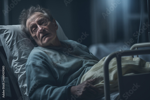 Portrait of an old lonely sick man lying on a bed in a hospital. photo