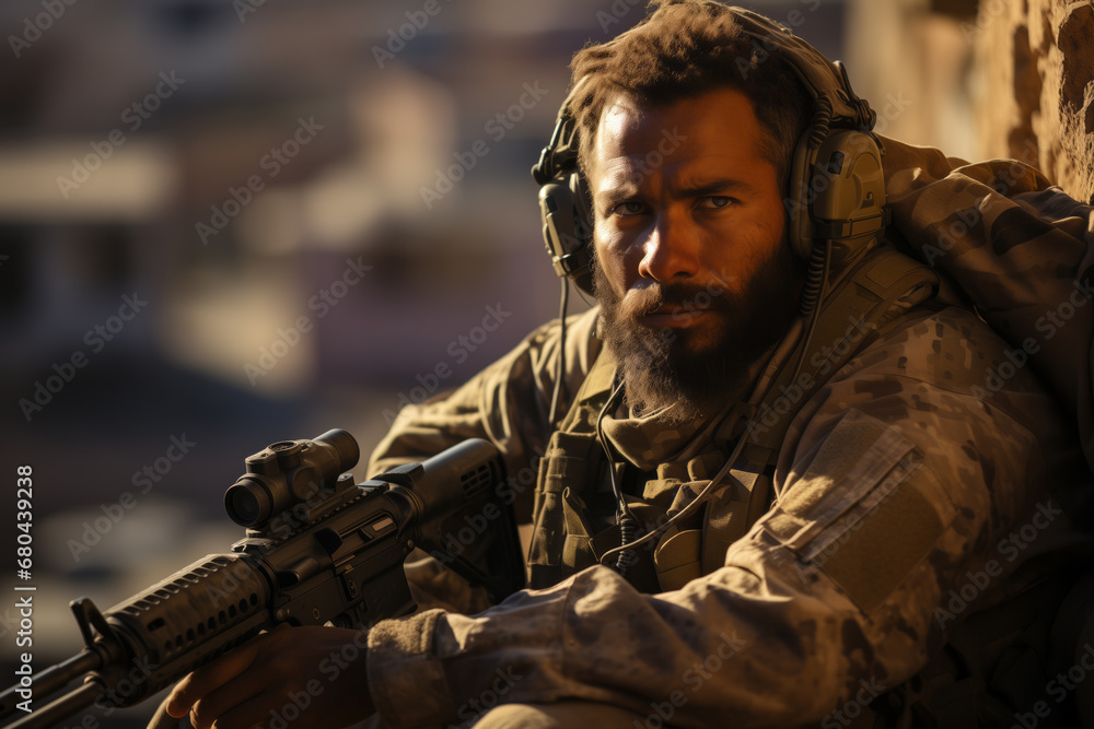 Portrait of a soldier in camouflage uniform holding a sniper rifle and looking at the camera. Portrait of a soldier in camouflage uniform holding a sniper rifle and looking at the camera.