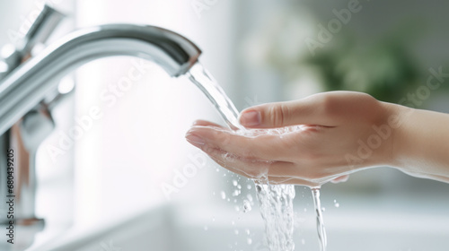 Woman washing hands under water tap. Self care and hygiene. Close up of female hand. Infection prevention. Liquid antibacterial soap and foam. photo