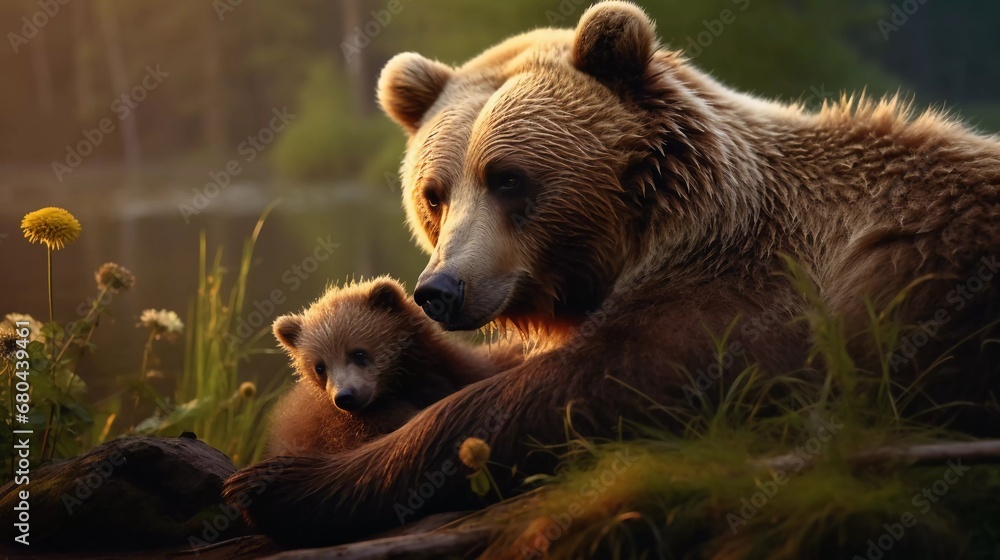 close-up photo of a wild brown bear relaxing with a bear cub. generative ai