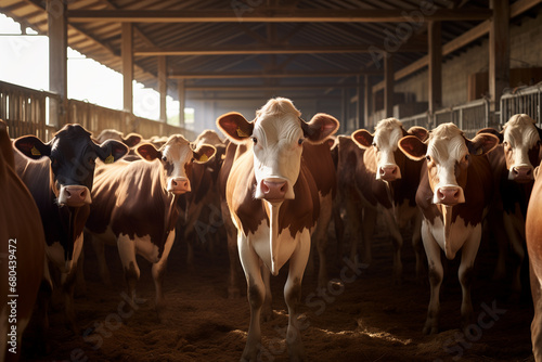 Brown and white cows stand inside a farm in the sun.