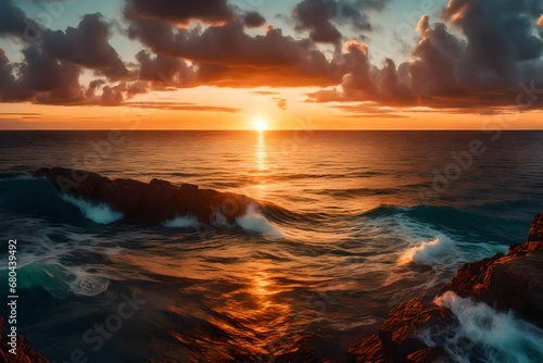 a painting of a sunset over the ocean with waves crashing on the shore and clouds in the sky over the ocean and the beach area