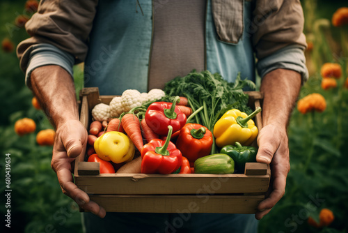Wooden box with fresh vegetables in the hands of a farmer outdoors. © Dzmitry