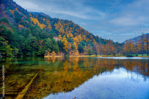 Idyllic landscape of Myojin pond at Hotaka Rear shrine in Kamikochi, Nagano, Japan (Japanese language meaning "Myojin Pond")