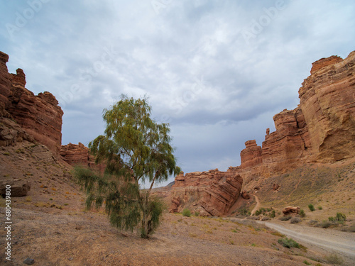 Charyn Canyon National Park. The road along the bottom of the Valley of Castles. Red rock formations formed as a result of erosion over millions of years. A small replica of the US Grand Canyon.