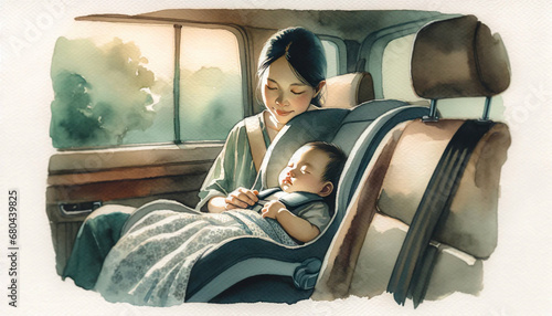 車内のチャイルドシートで寝ている赤ん坊と、その子を支える母親を描いた水彩画風のイラスト photo