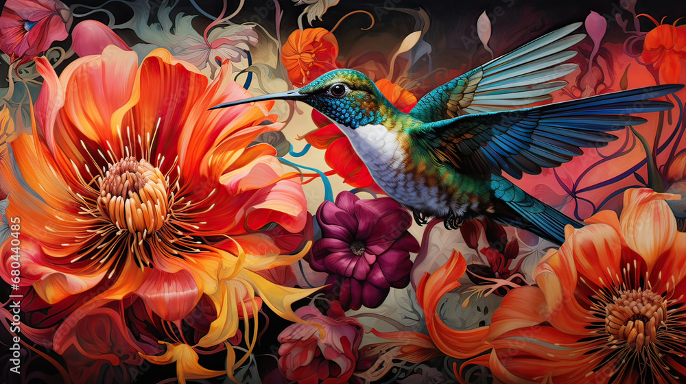 Obraz premium Epicurean hummingbird delighting in an exotic, overflowing abundance of nectar-rich flowers AI generative 