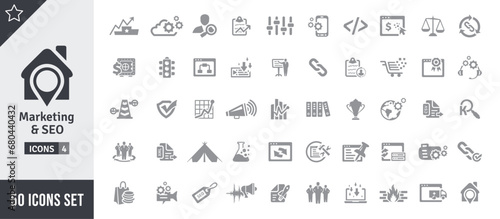 Marketing & SEO Icon Set. Search Engine Optimization, Advertising, Website, Business, Marketing, Traffic, Ranking, Optimization, Keyword & Many More. Gray Vector Icons Collection 
