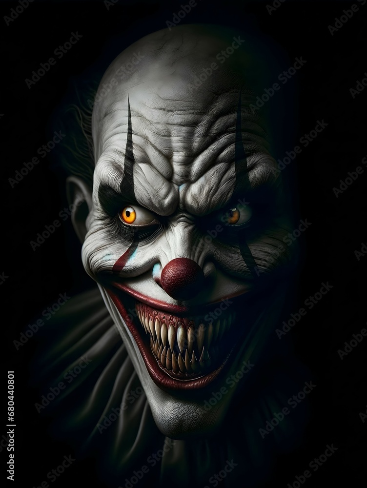 Closeup portrait if evil creepy scary clown smiling, isolated on black background