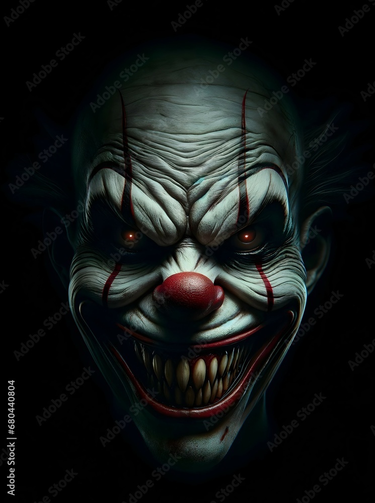 Closeup portrait if evil creepy scary clown smiling, isolated on black background