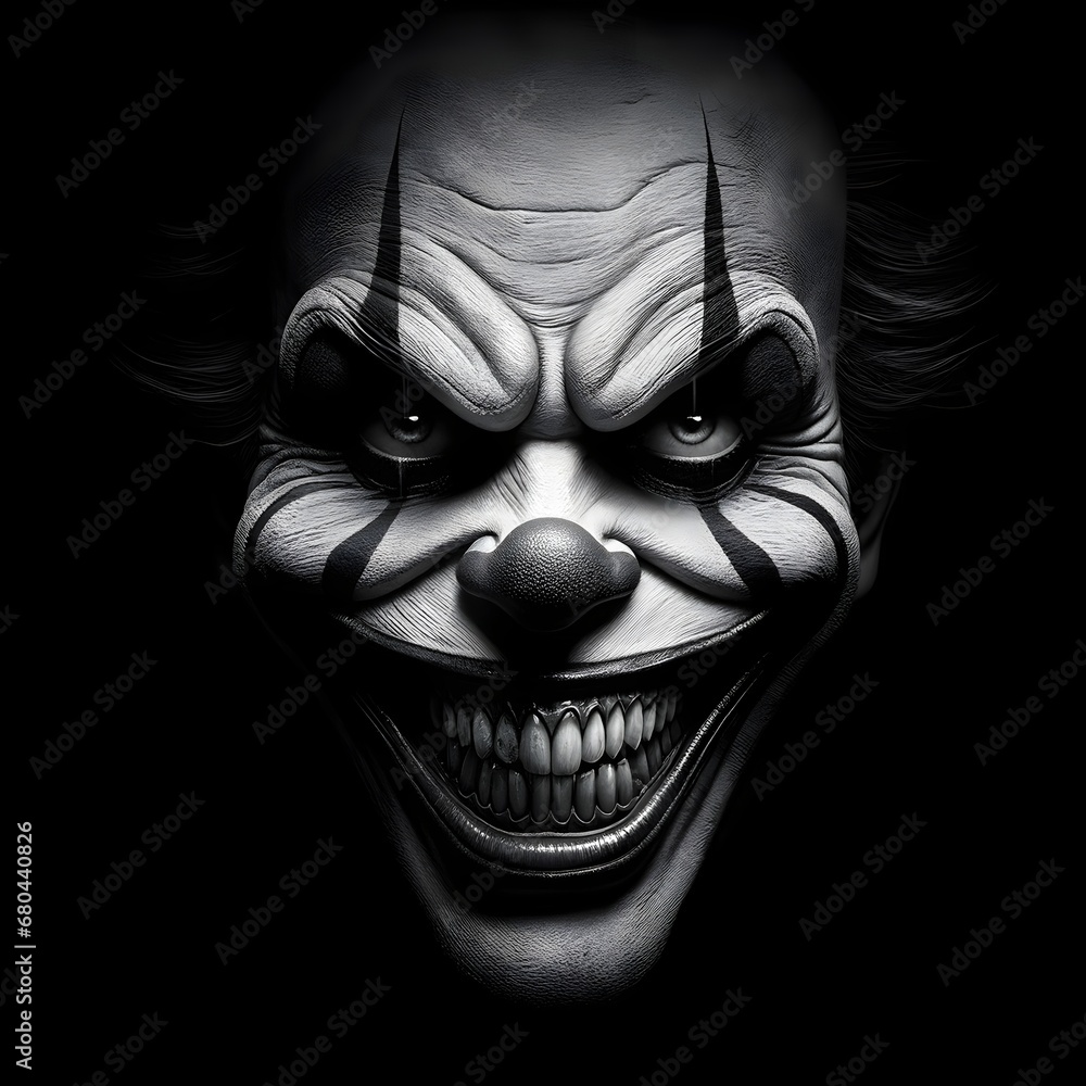 © Hq Visual Studio - Closeup portrait if evil creepy scary clown smiling, isolated on black background © Hq Visual Studio - Closeup portrait if evil creepy scary clown smiling, isolated on black background