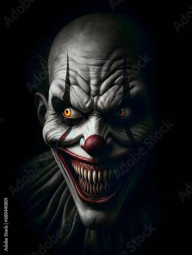 Obraz na płótnie Closeup portrait if evil creepy scary clown smiling, isolated on black background w salonie