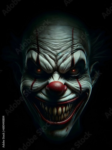 Obraz na płótnie Closeup portrait if evil creepy scary clown smiling, isolated on black background w salonie