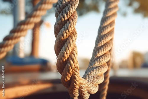 A detailed close-up of a rope on a boat. This image can be used to depict nautical themes, sailing, maritime activities, or as a background for text overlays. photo