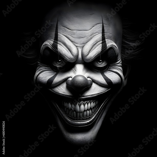 Closeup portrait if evil creepy scary clown smiling, isolated on black background