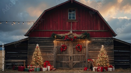 Outdoor barn decorated for christmas digital backdrop photo