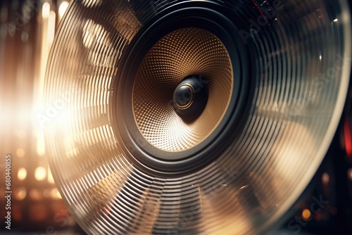 A close-up view of a speaker with a blurry background. This image can be used to represent sound  music  technology  or communication.