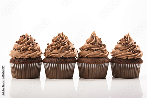 Tasty chocolate cupcakes on white background