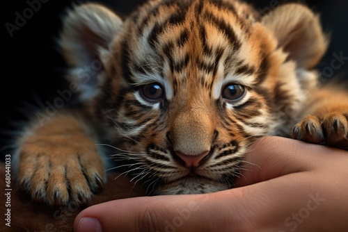 A person gently holding a small tiger cub in their hand. 