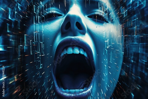 A close-up image of a person with their mouth wide open. This image can be used to depict surprise, shock, or even singing or speaking loudly.