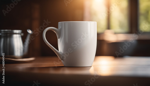 mockup of a white blank mug on a wooden table