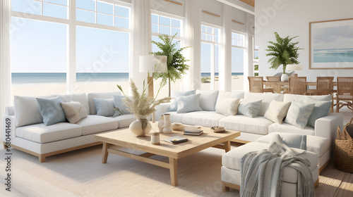 Coastal style living room with breezy decor in photorealistic 3D render