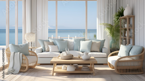 Coastal style living room with breezy decor in photorealistic 3D render