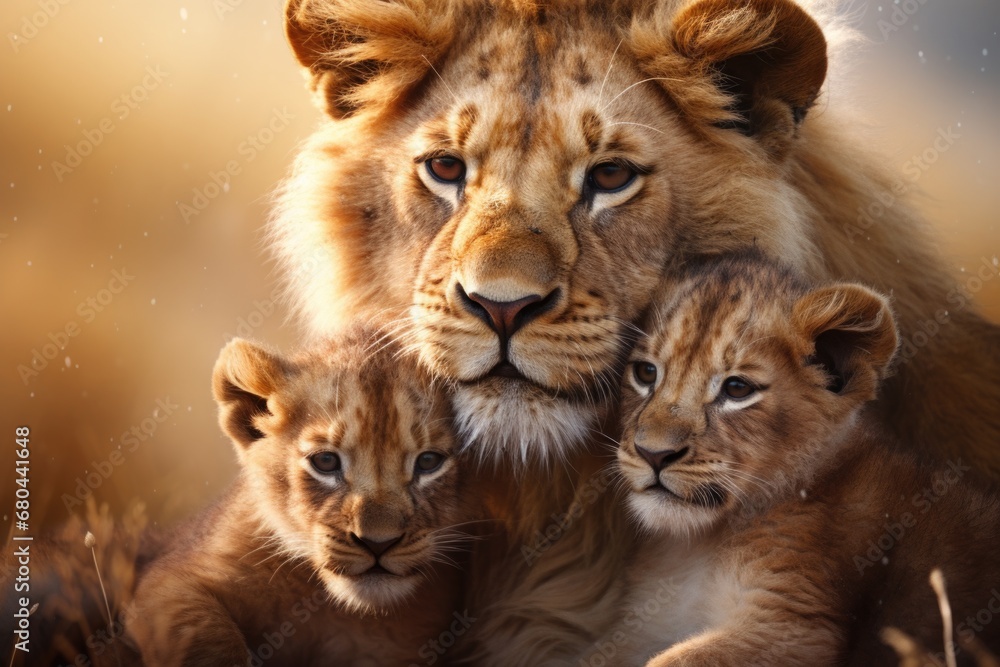 Fototapeta premium A powerful mother lion stands protectively over her two playful cubs. 