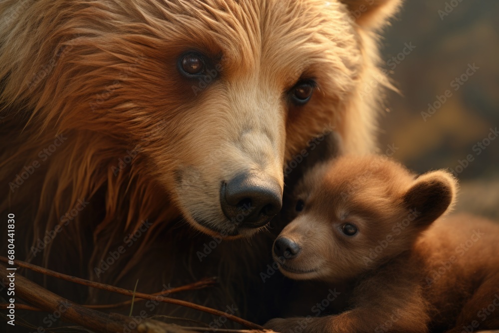 A heartwarming image of a mother bear and her cub cuddling together ...