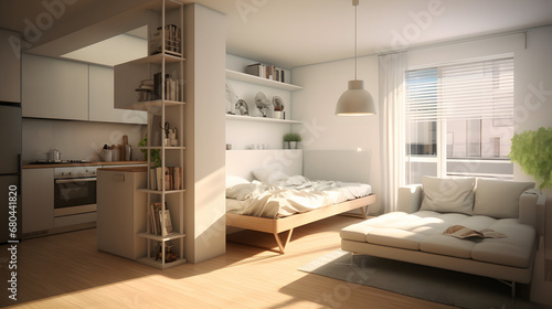 Compact urban studio apartment in minimalist style 3D render © Matthias