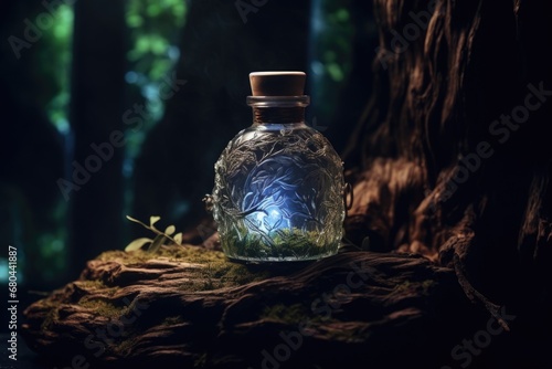 A glass bottle sits on top of a tree stump. This versatile image can be used to symbolize recycling, nature, or a message in a bottle. © Ева Поликарпова