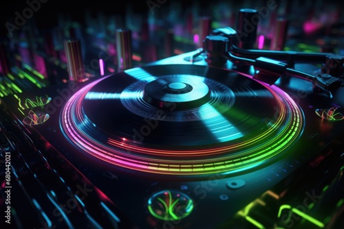 A close-up photograph of a DJ's turntable with vibrant neon lights. Perfect for music-related projects and events photo