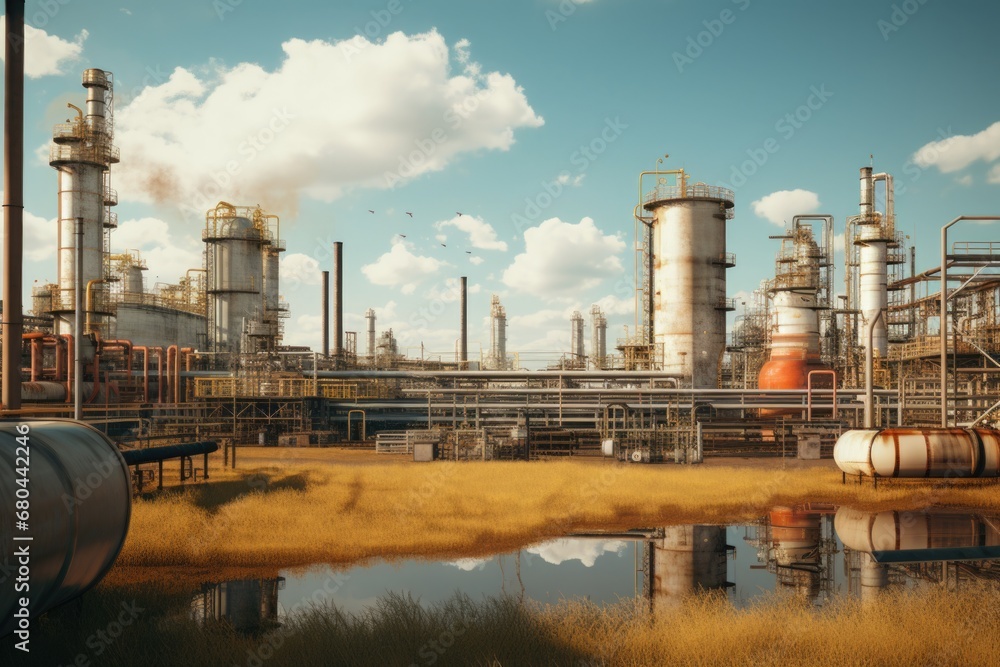 A picture of a factory with numerous pipes, showcasing the industrial manufacturing process. This image can be used to represent manufacturing, industry, production, or infrastructure. A picture of a factory with numerous pipes, showcasing the industrial manufacturing process. This image can be used to represent manufacturing, industry, production, or infrastructure.