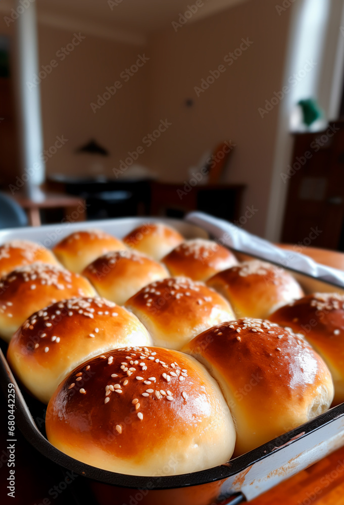 Freshly baked golden buns sprinkled with sesame seeds in a tray.
