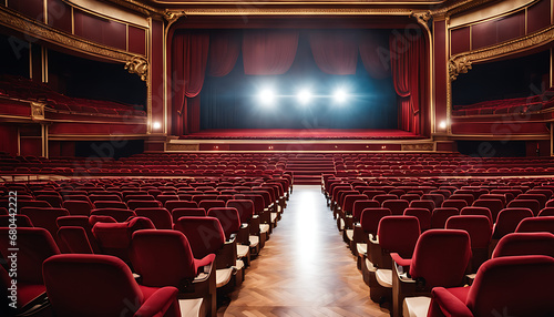 A large, empty theater hall with rows of chairs facing a stage with red curtains