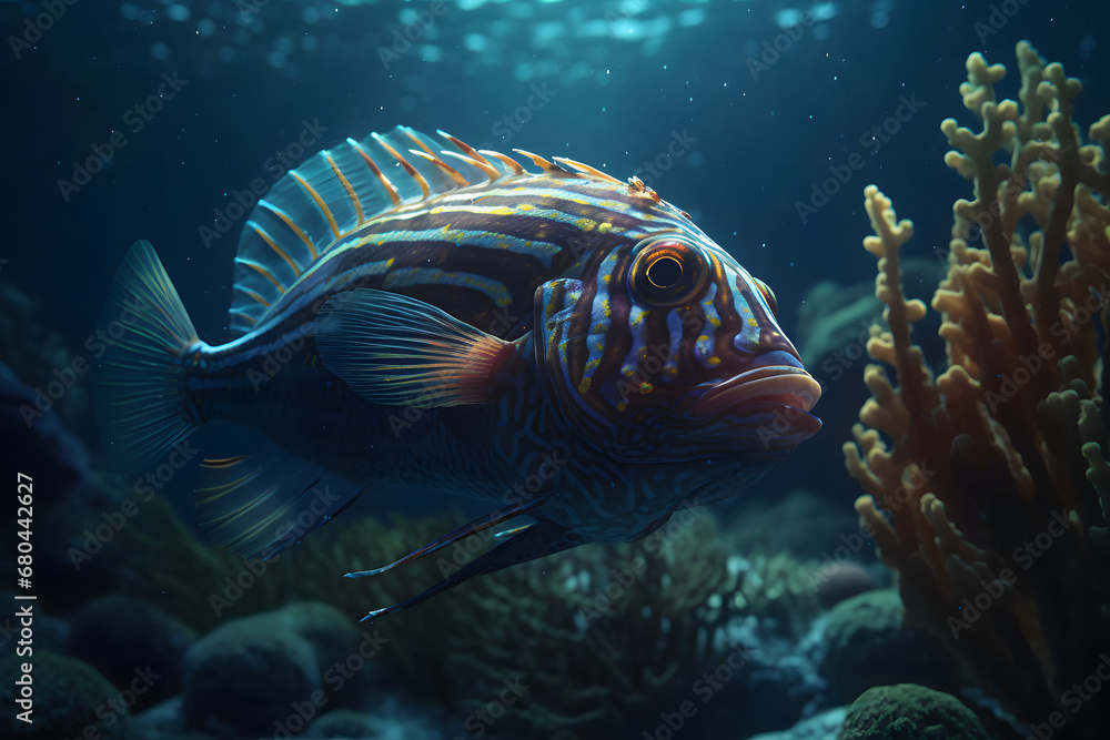 A beautiful fish swims in the water. A beautiful fish swims in the water.
