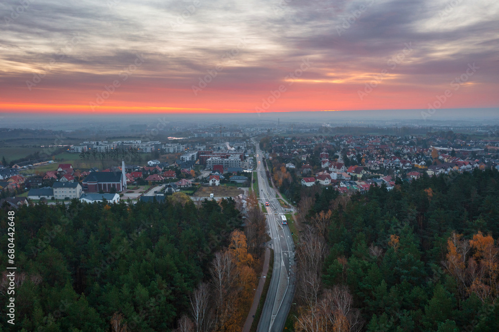 Fototapeta premium Autumnal sunrise over the Rotmanka village in Poland